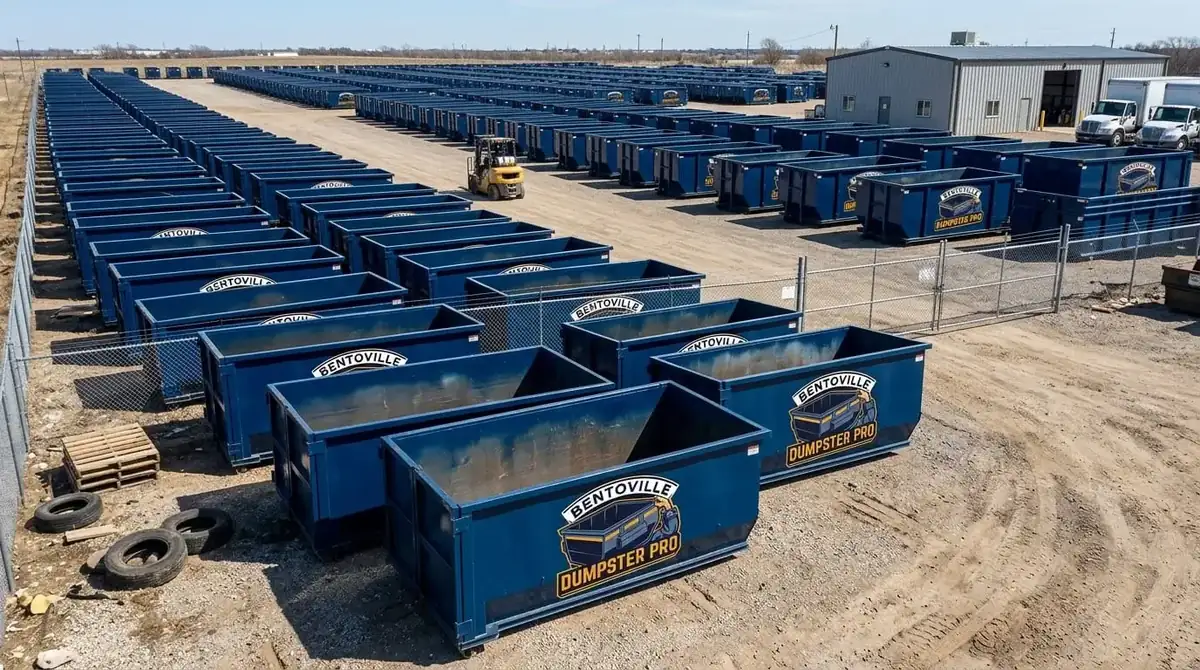 Long rows of Bentonville Dumpster Pro roll-off containers in the yard