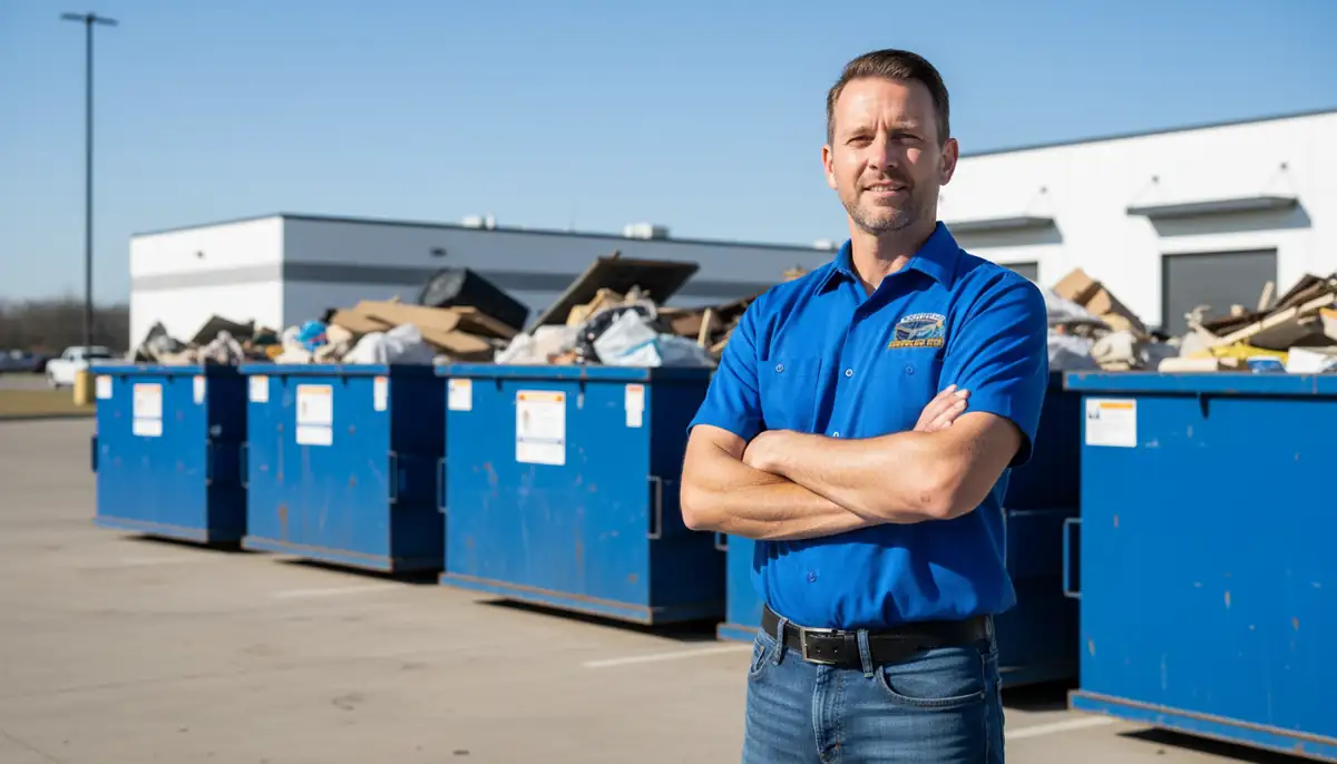 A team member in a company shirt beside loaded roll-off containers