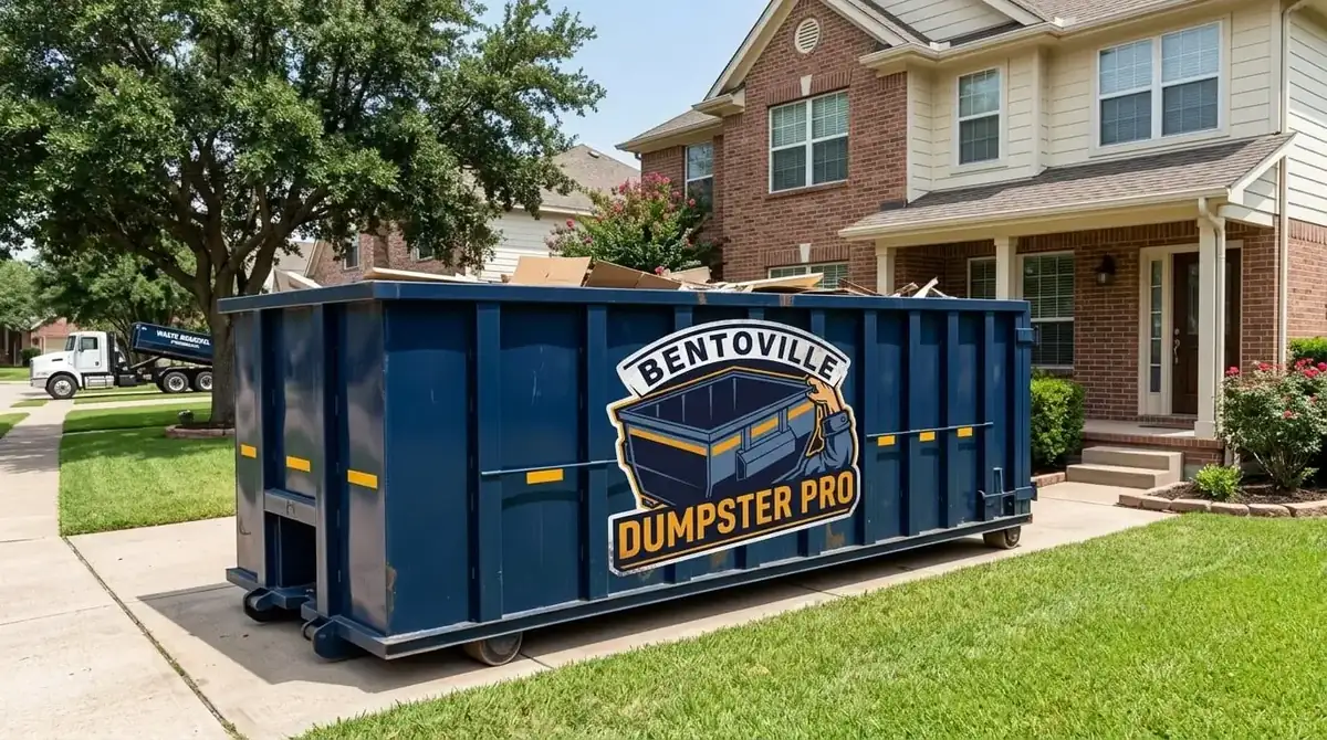 A loaded Bentonville Dumpster Pro roll-off container on the driveway of a brick house